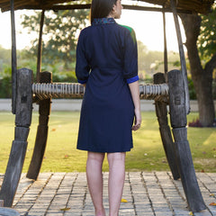 Navy Spectrum Hand-Painted Cotton Collared Midi Dress