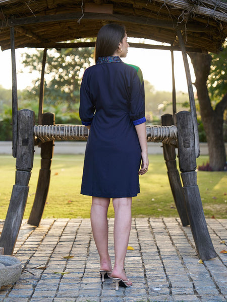 Navy Spectrum Hand-Painted Cotton Collared Midi Dress