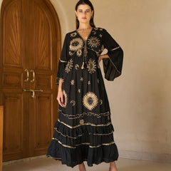 Celestial Gold Embroidered Black Cotton Flared Maxi Dress