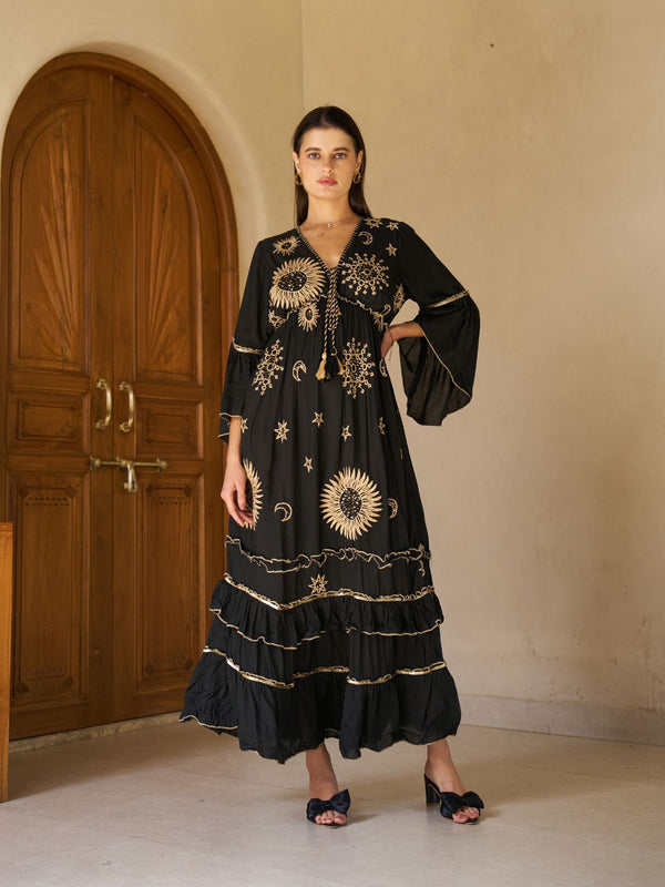Celestial Gold Embroidered Black Cotton Flared Maxi Dress