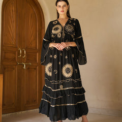 Celestial Gold Embroidered Black Cotton Flared Maxi Dress