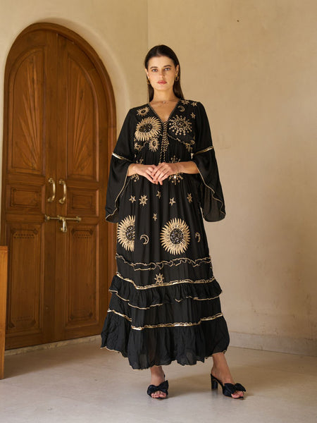 Celestial Gold Embroidered Black Cotton Flared Maxi Dress