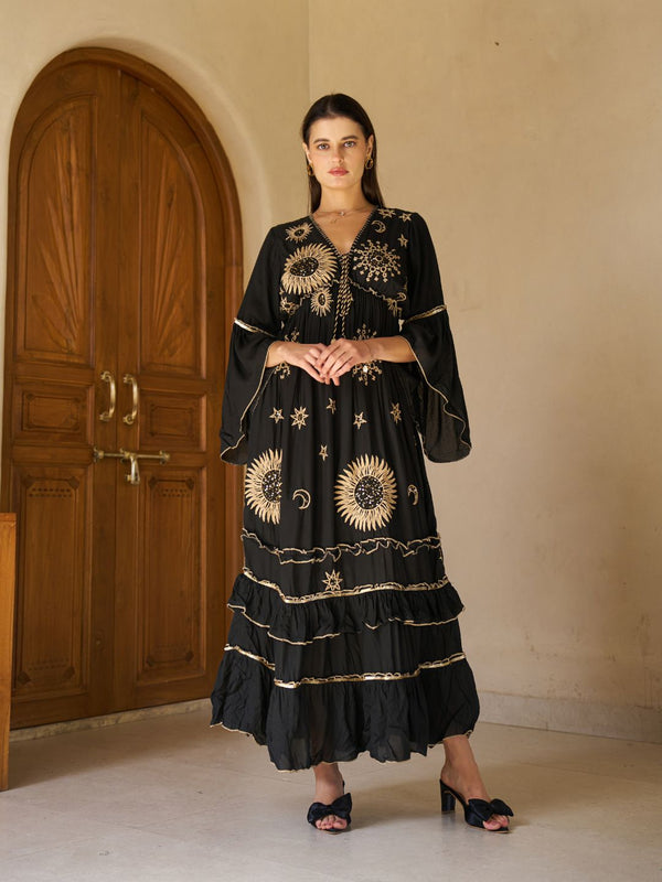 Celestial Gold Embroidered Black Cotton Flared Maxi Dress