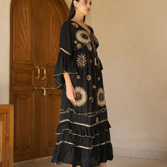 Celestial Gold Embroidered Black Cotton Flared Maxi Dress