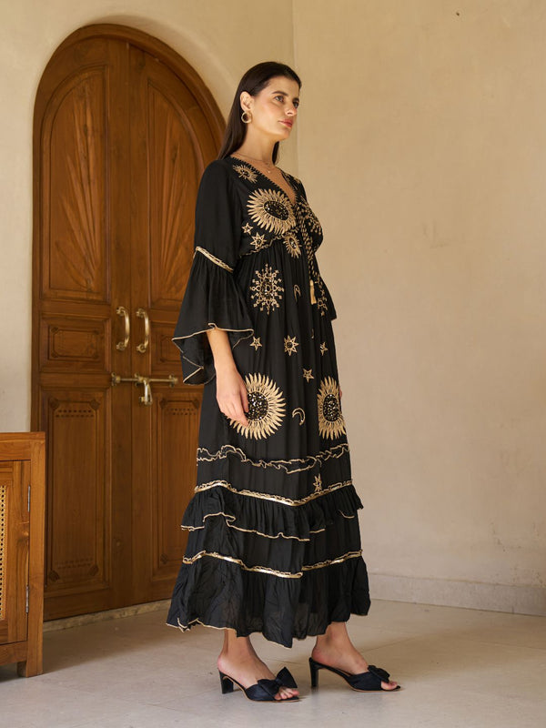 Celestial Gold Embroidered Black Cotton Flared Maxi Dress