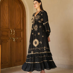 Celestial Gold Embroidered Black Cotton Flared Maxi Dress