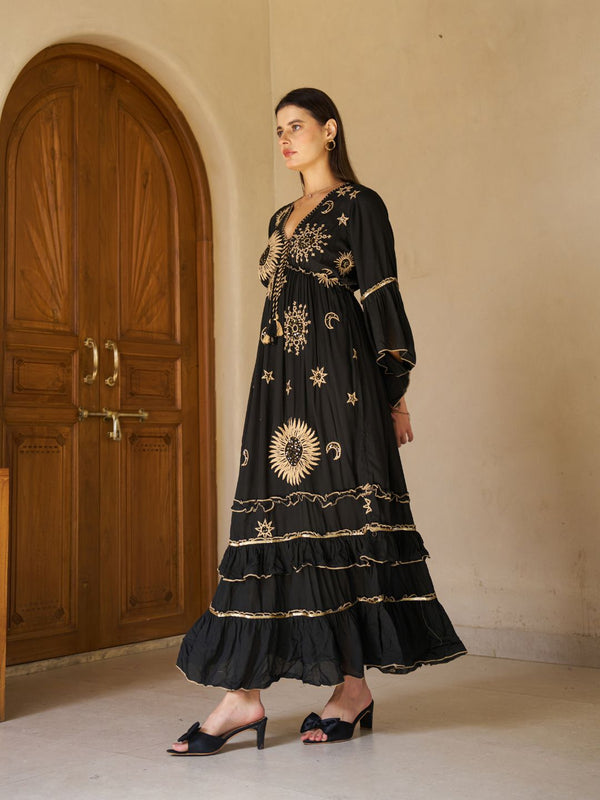 Celestial Gold Embroidered Black Cotton Flared Maxi Dress