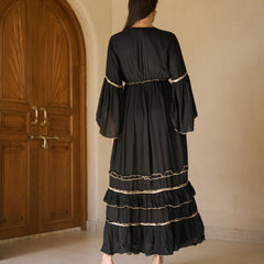 Celestial Gold Embroidered Black Cotton Flared Maxi Dress
