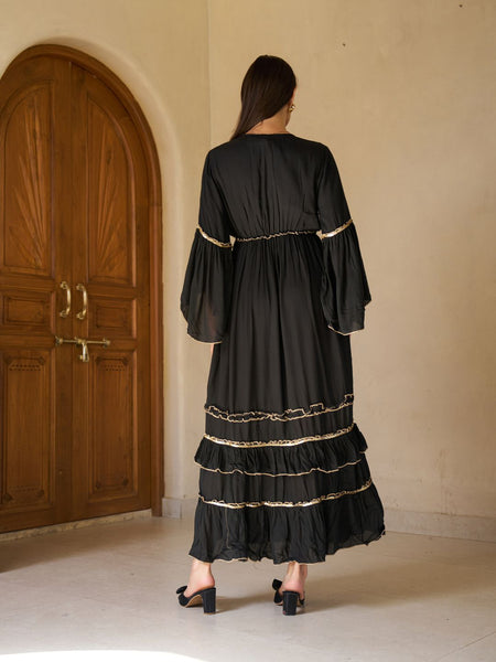 Celestial Gold Embroidered Black Cotton Flared Maxi Dress