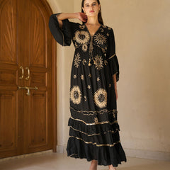 Celestial Gold Embroidered Black Cotton Flared Maxi Dress