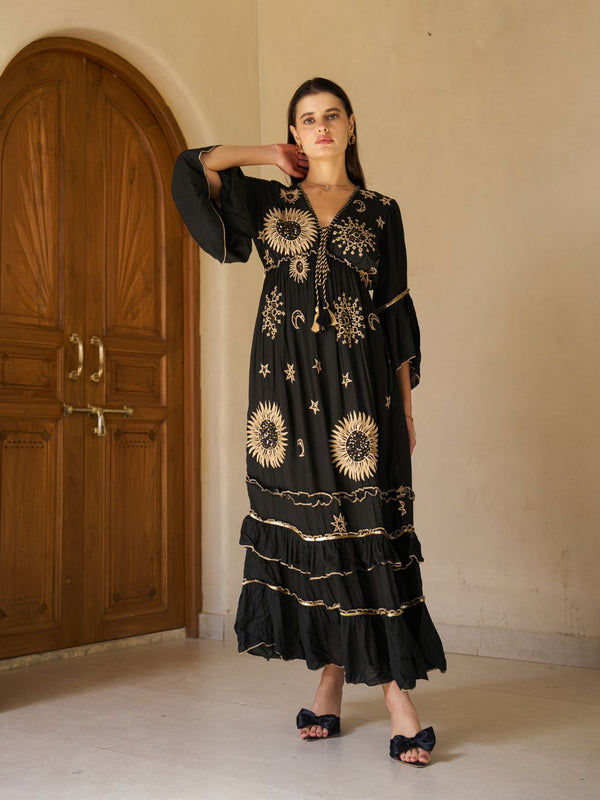 Celestial Gold Embroidered Black Cotton Flared Maxi Dress