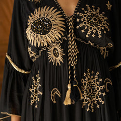 Celestial Gold Embroidered Black Cotton Flared Maxi Dress