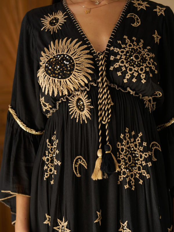 Celestial Gold Embroidered Black Cotton Flared Maxi Dress