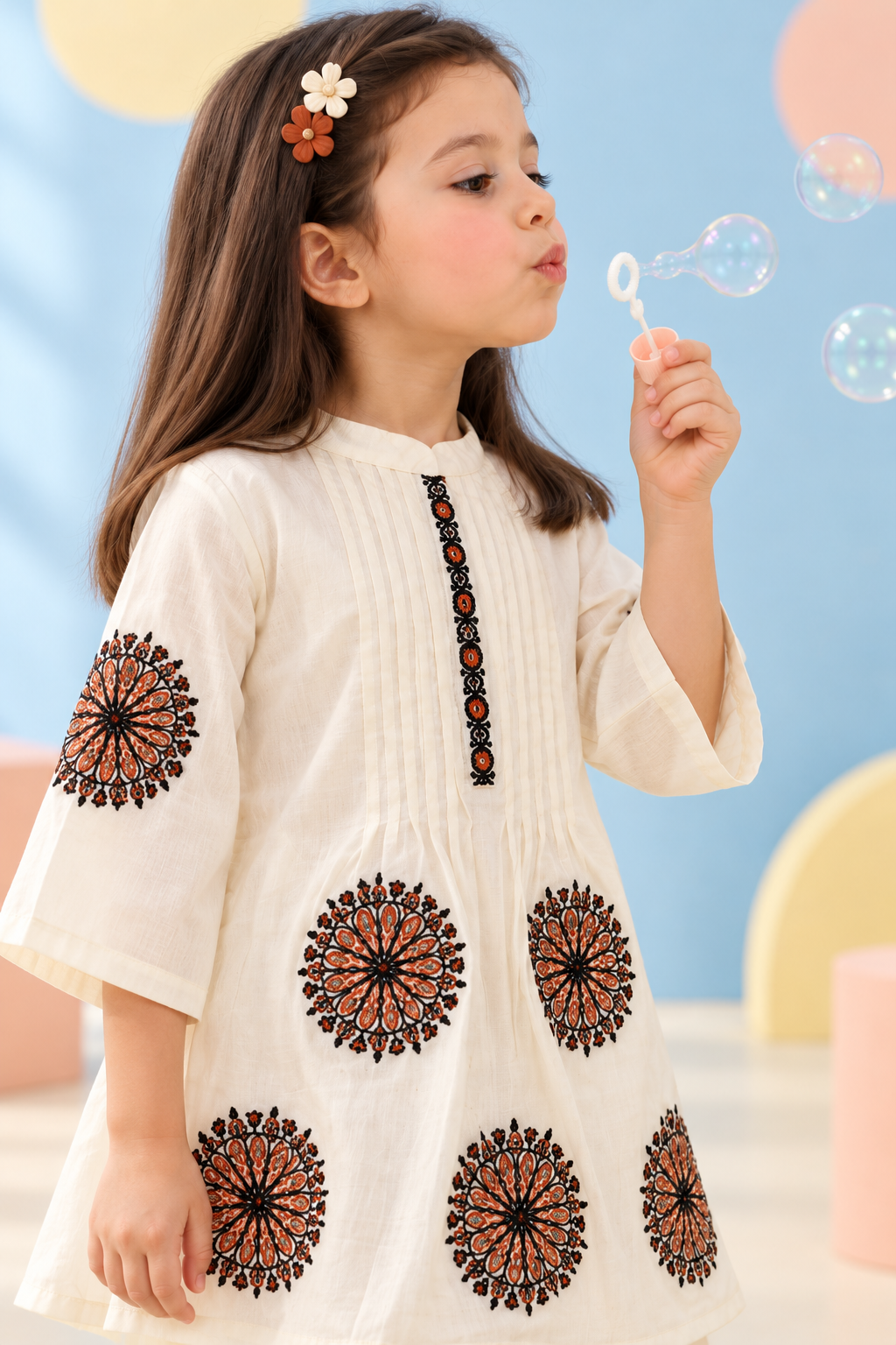 Girls’ Ivory White Embroidered Kurta Pant Set with Black and Rust Floral Designs