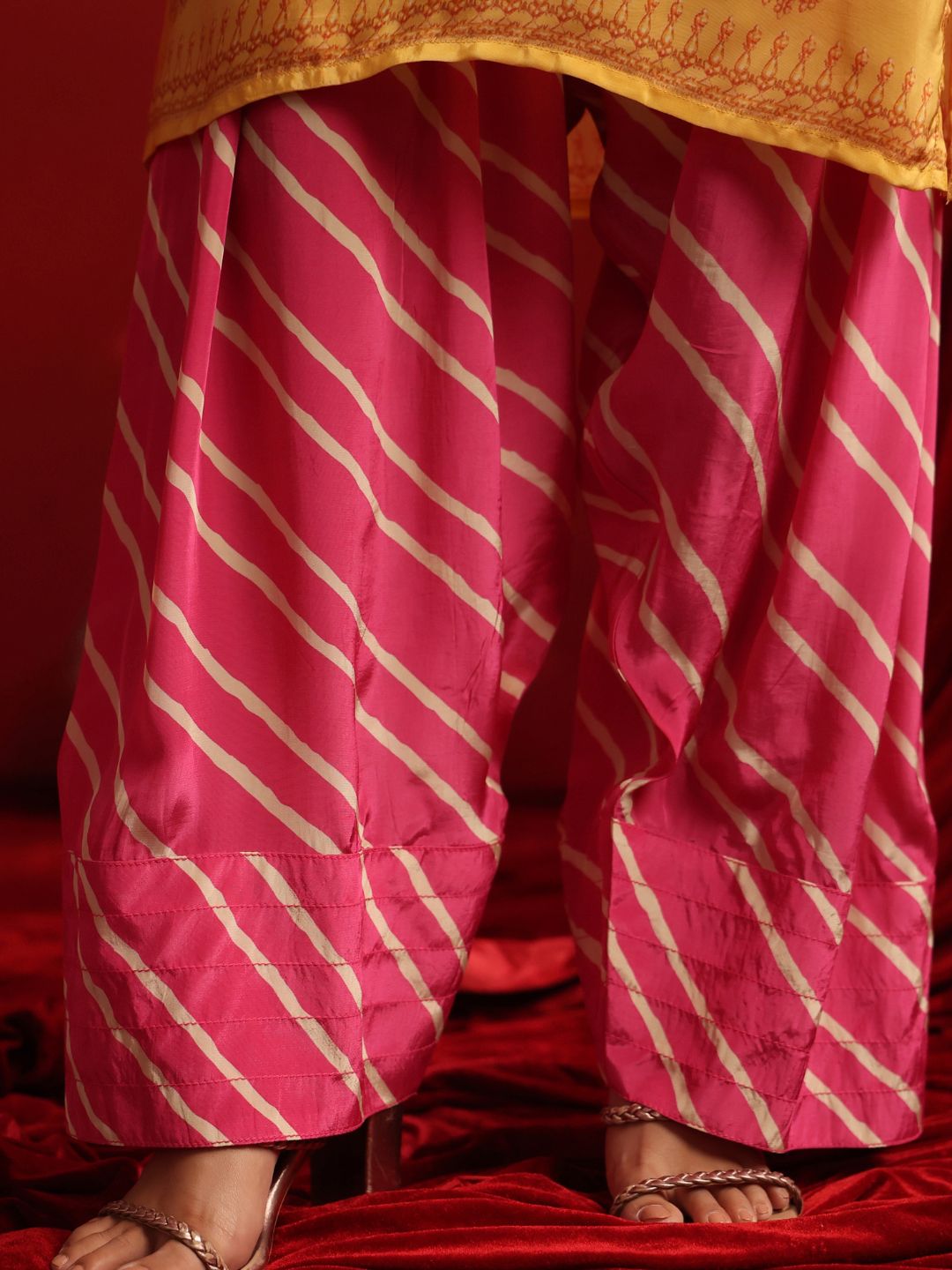 Yellow Fuchsia Crepe Embroidered Kurta with Farshi Salwar Set