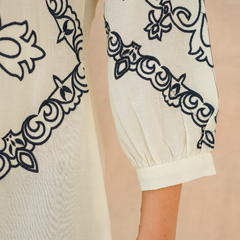 Chic Off-White & Blue Embroidered Rayon Co-ord Set