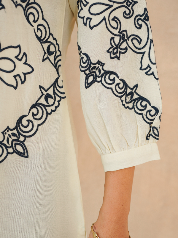 Chic Off-White & Blue Embroidered Rayon Co-ord Set