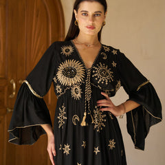 Celestial Gold Embroidered Black Cotton Flared Maxi Dress