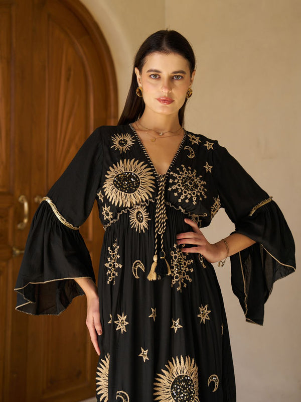 Celestial Gold Embroidered Black Cotton Flared Maxi Dress
