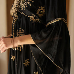 Celestial Gold Embroidered Black Cotton Flared Maxi Dress