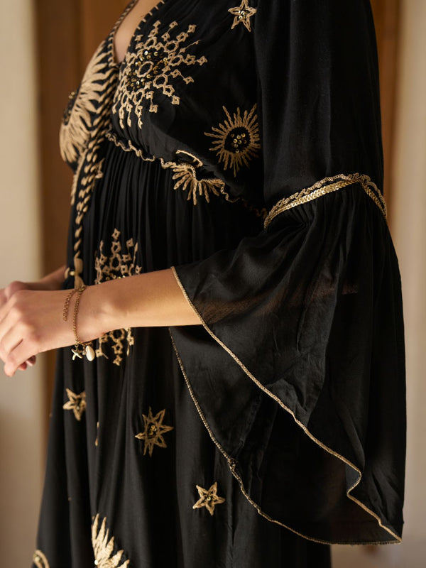 Celestial Gold Embroidered Black Cotton Flared Maxi Dress