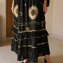 Celestial Gold Embroidered Black Cotton Flared Maxi Dress