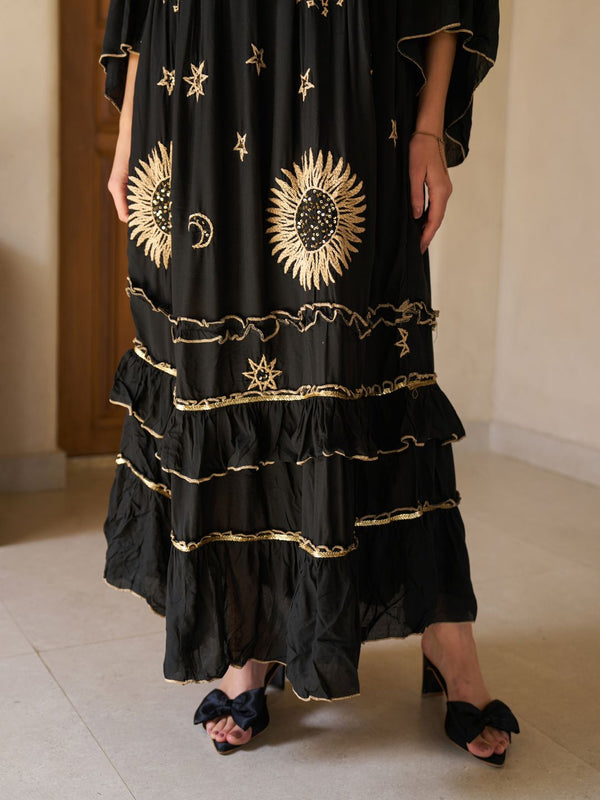 Celestial Gold Embroidered Black Cotton Flared Maxi Dress