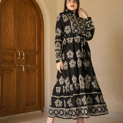 Royal Noir Embroidered Cotton Collared Maxi Dress