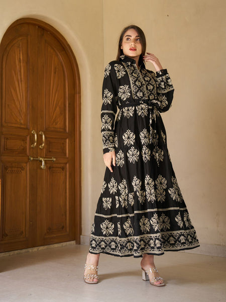 Royal Noir Embroidered Cotton Collared Maxi Dress