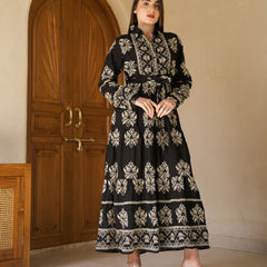 Royal Noir Embroidered Cotton Collared Maxi Dress