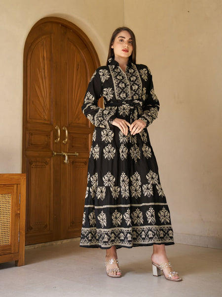 Royal Noir Embroidered Cotton Collared Maxi Dress