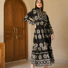 Royal Noir Embroidered Cotton Collared Maxi Dress
