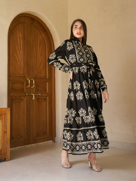 Royal Noir Embroidered Cotton Collared Maxi Dress