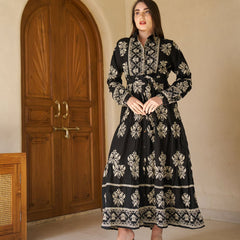 Royal Noir Embroidered Cotton Collared Maxi Dress