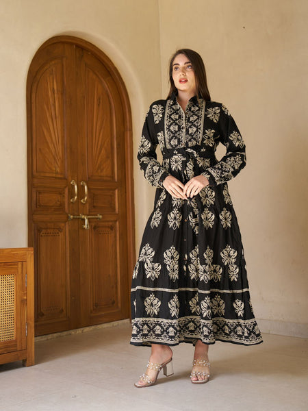 Royal Noir Embroidered Cotton Collared Maxi Dress