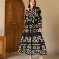Royal Noir Embroidered Cotton Collared Maxi Dress