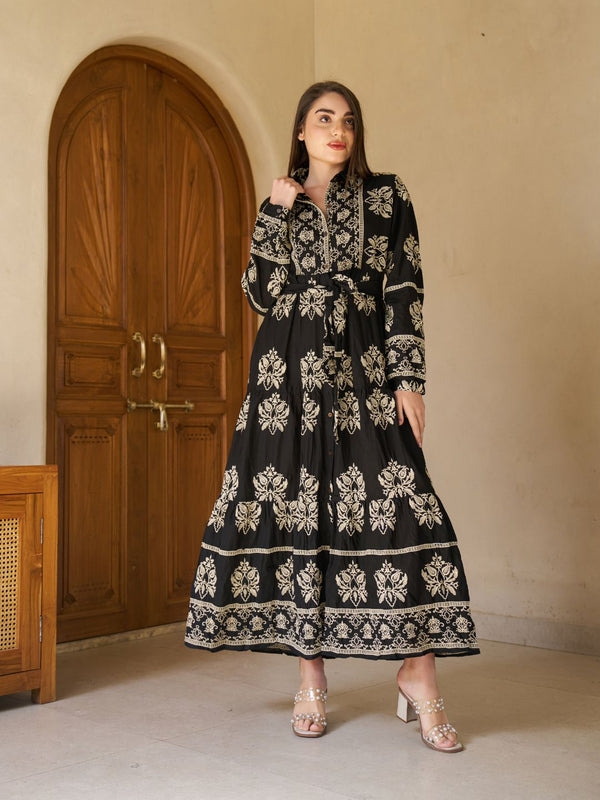 Royal Noir Embroidered Cotton Collared Maxi Dress