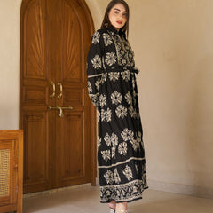 Royal Noir Embroidered Cotton Collared Maxi Dress