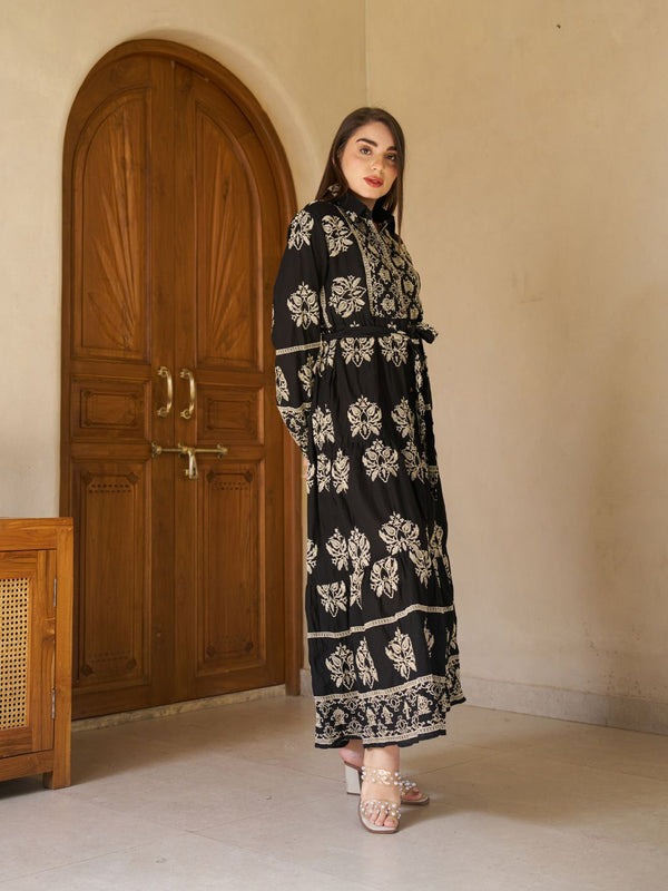 Royal Noir Embroidered Cotton Collared Maxi Dress