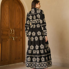Royal Noir Embroidered Cotton Collared Maxi Dress