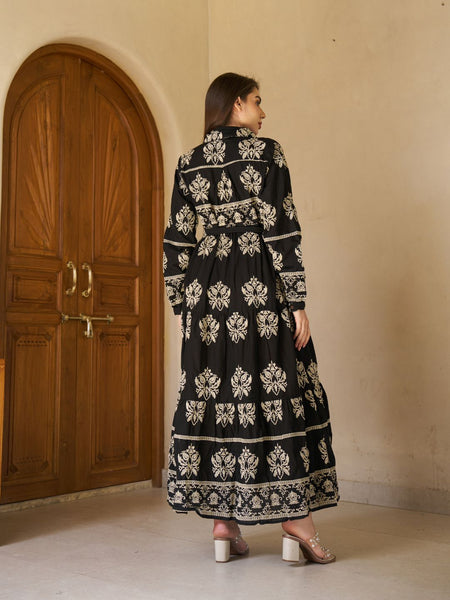 Royal Noir Embroidered Cotton Collared Maxi Dress