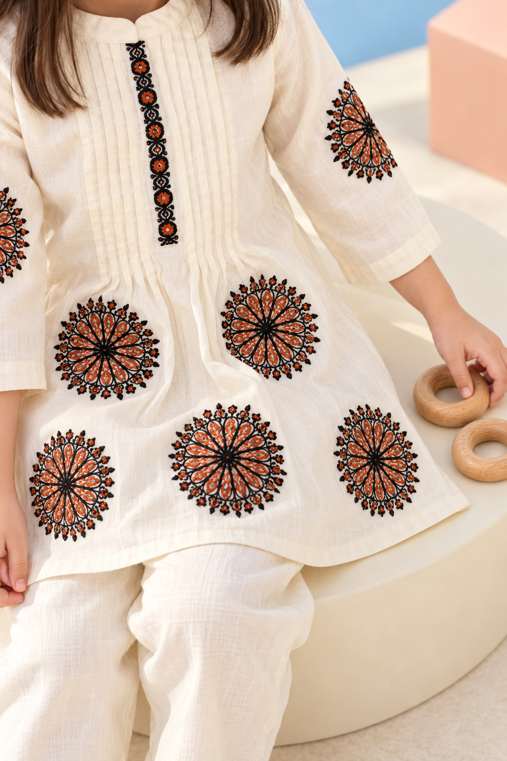 Girls’ Ivory White Embroidered Kurta Pant Set with Black and Rust Floral Designs