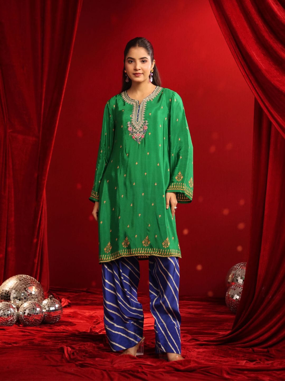Green Blue Crepe Embroidered Kurta with Farshi Salwar Set