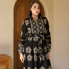 Royal Noir Embroidered Cotton Collared Maxi Dress