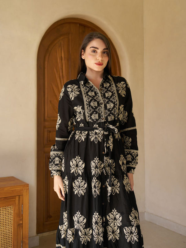 Royal Noir Embroidered Cotton Collared Maxi Dress