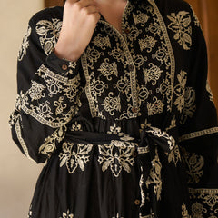 Royal Noir Embroidered Cotton Collared Maxi Dress