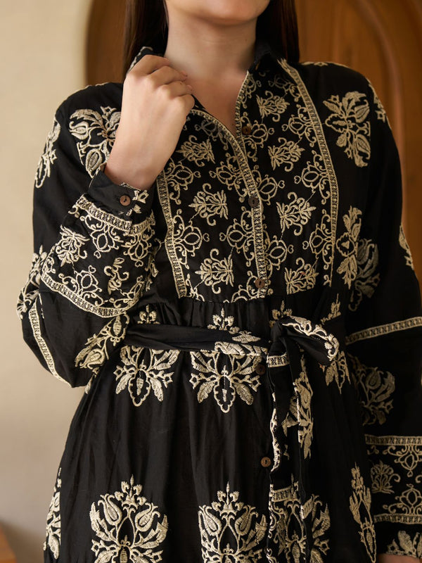 Royal Noir Embroidered Cotton Collared Maxi Dress