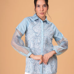 Sky Mist Paisley Printed Blue Cotton Shirt