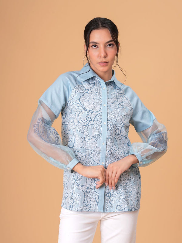Sky Mist Paisley Printed Blue Cotton Shirt