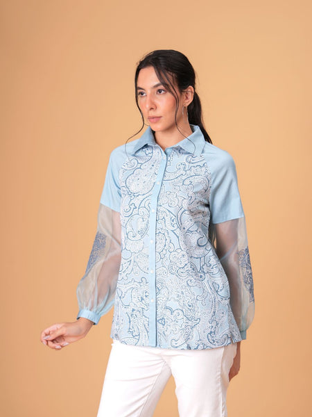 Sky Mist Paisley Printed Blue Cotton Shirt